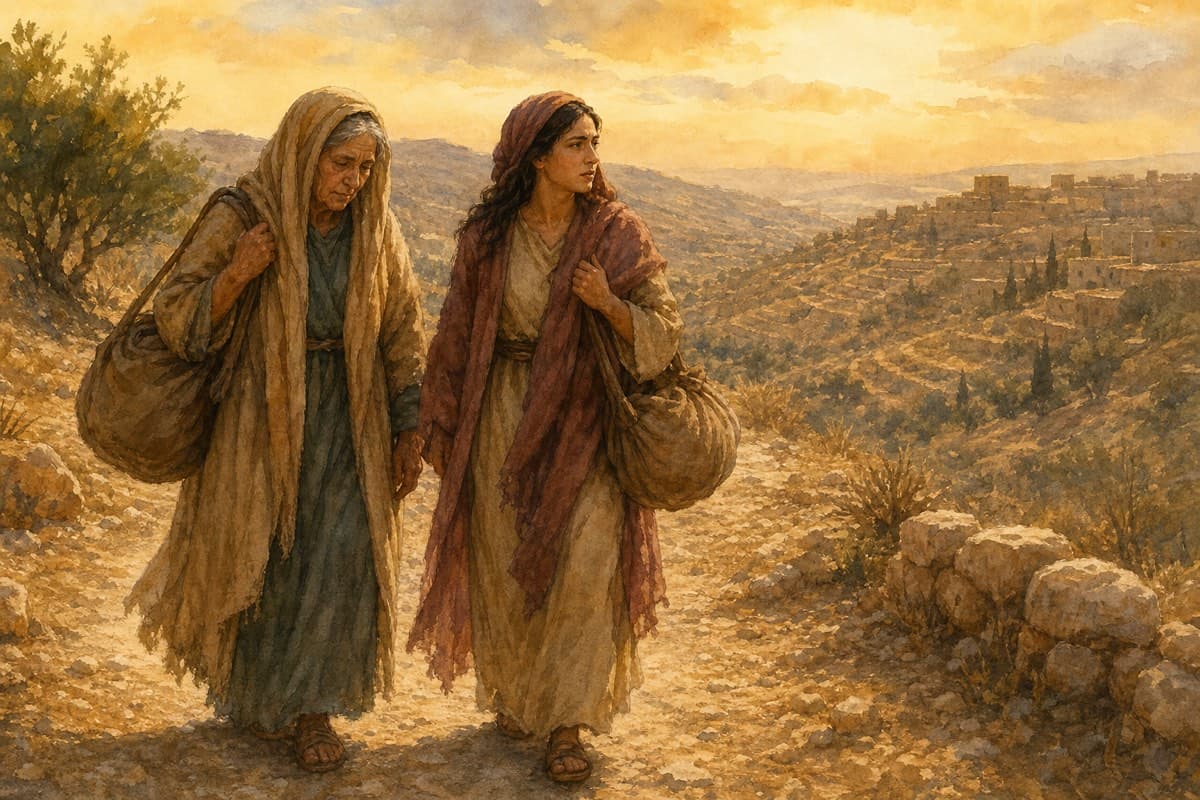 Ruth and Naomi walking together on a dusty road toward Judah in warm evening light.