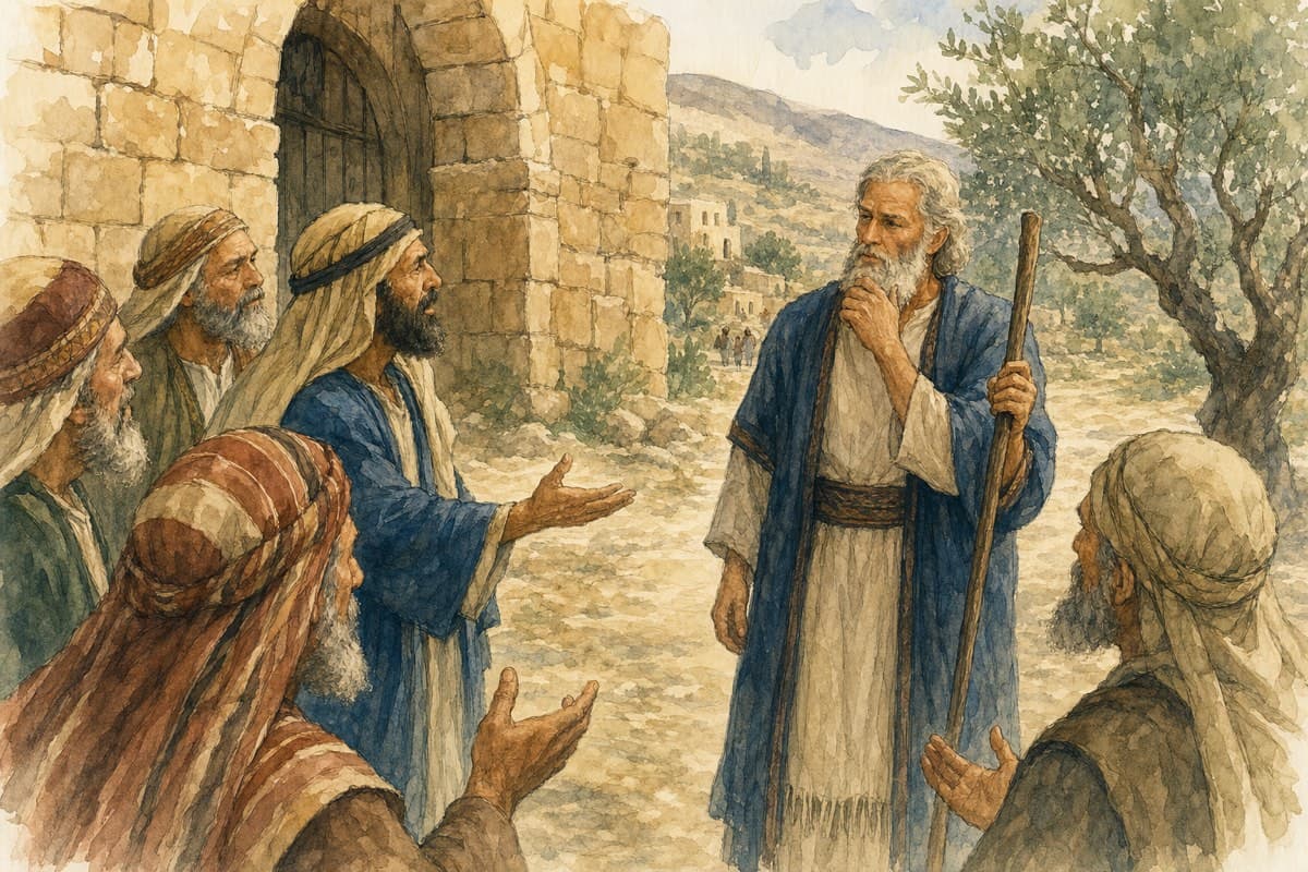 Israelite elders speaking with Samuel at a village gate about wanting a king.