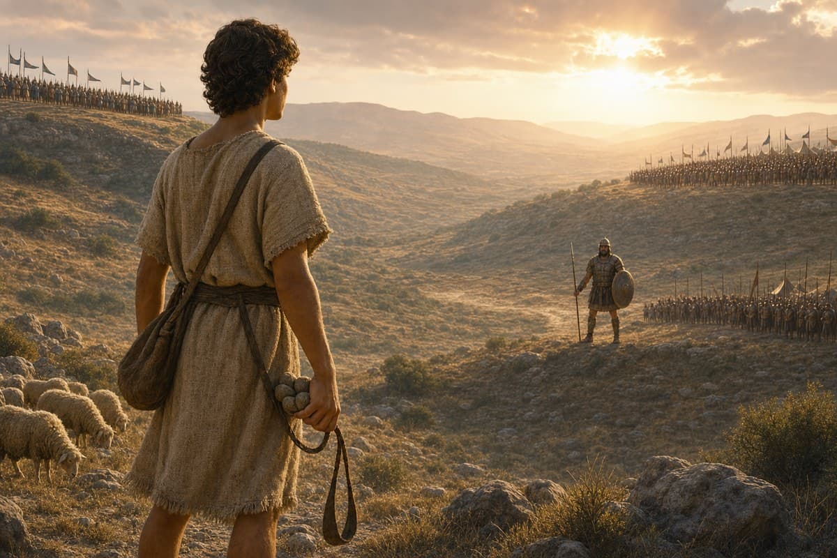 David stands in the valley of Elah with sling and stones while Goliath waits in the distance.