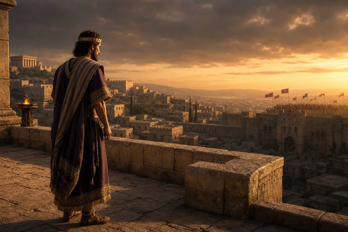 David stands alone on a palace rooftop at dusk above ancient Jerusalem.