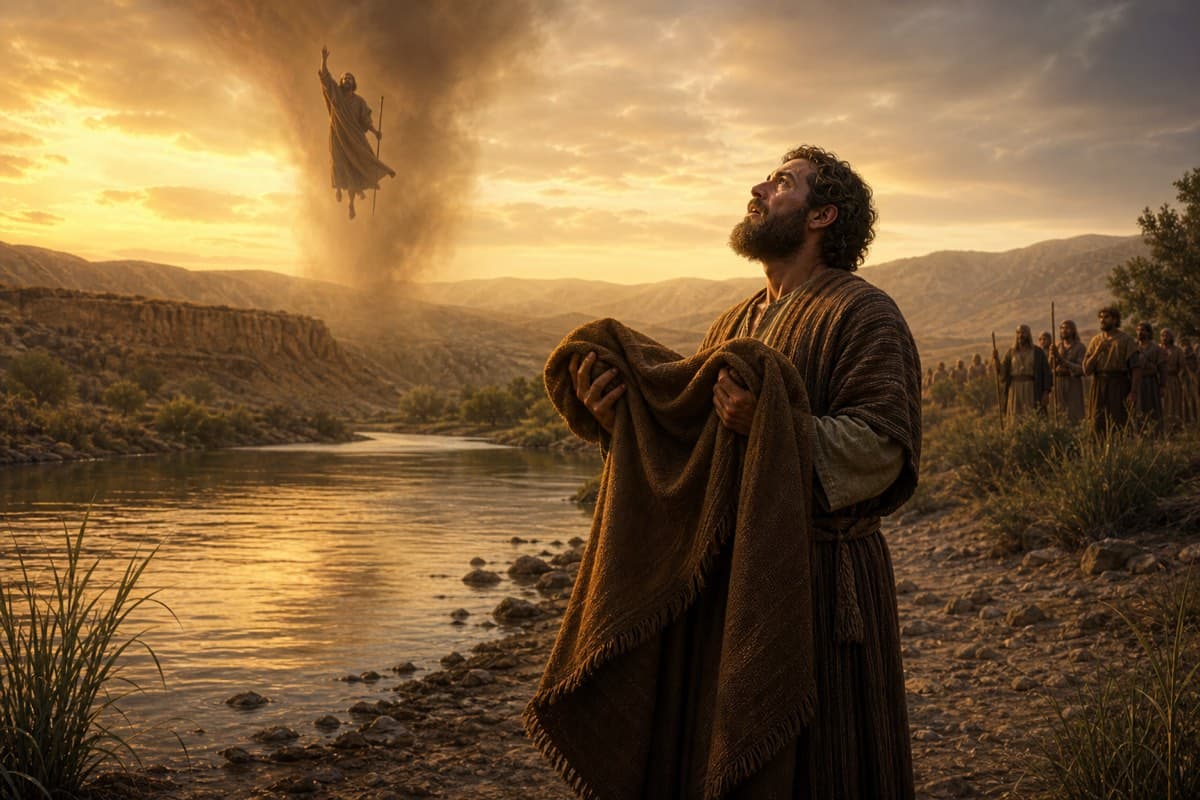 Elisha stands at the Jordan River holding Elijah's mantle after Elijah has been taken.