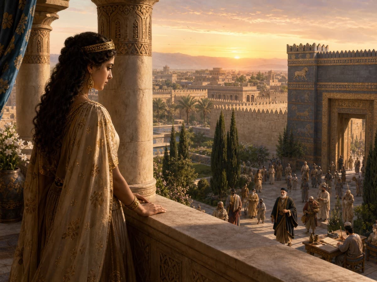 Esther overlooks the palace at Susa while Mordecai passes through the gate below.