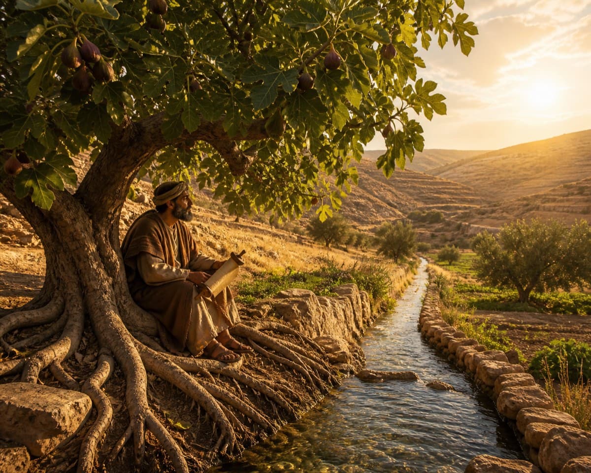 An ancient Israelite meditates beneath a fruitful tree growing beside clear water at dawn.