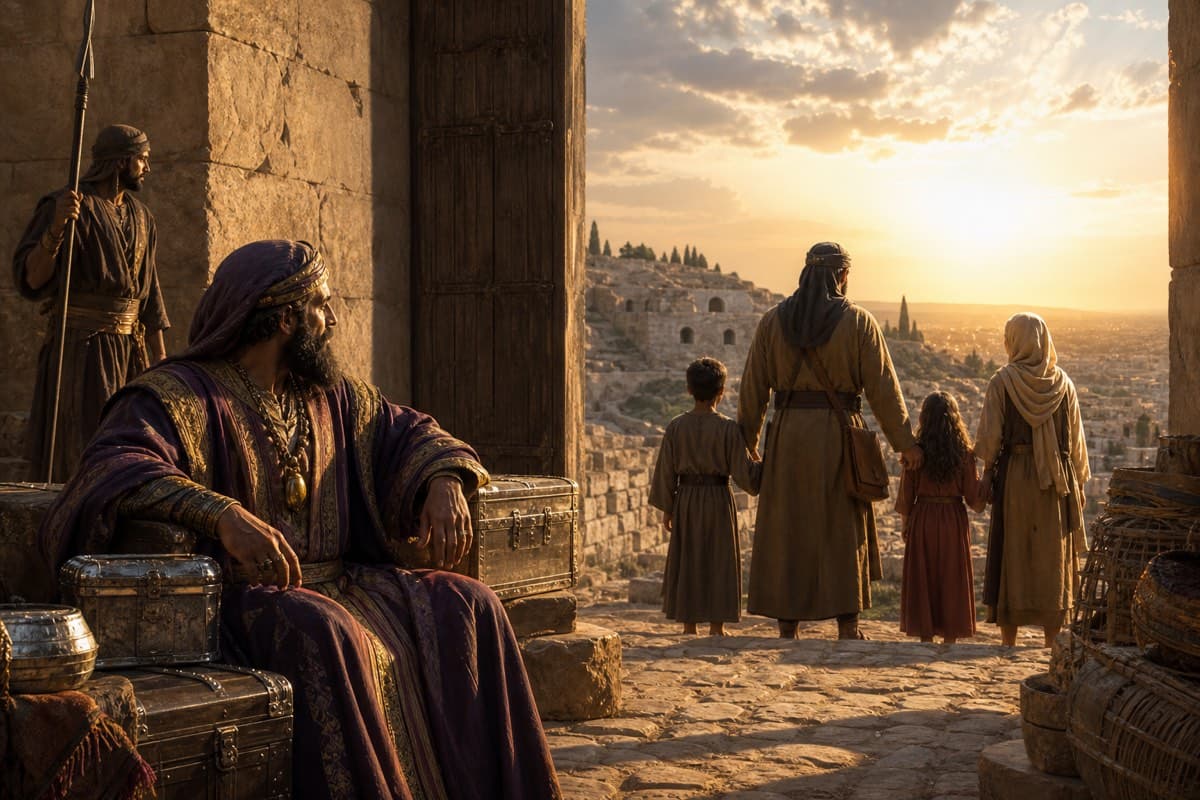 A wealthy merchant and a humble family sit near an ancient city gate as light opens beyond a burial hillside.