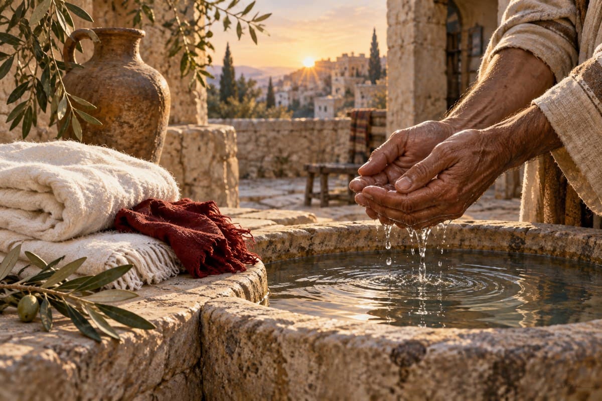 Hands over a stone basin beside white wool and crimson cloth in a sunlit ancient courtyard.