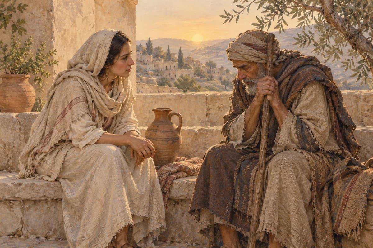 A woman listens beside a weary traveler in an ancient courtyard at dawn.