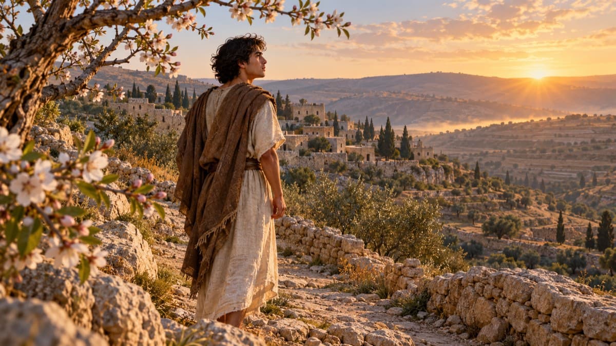 A young Jeremiah stands beside an almond branch on a dawn-lit path outside a Judean village.