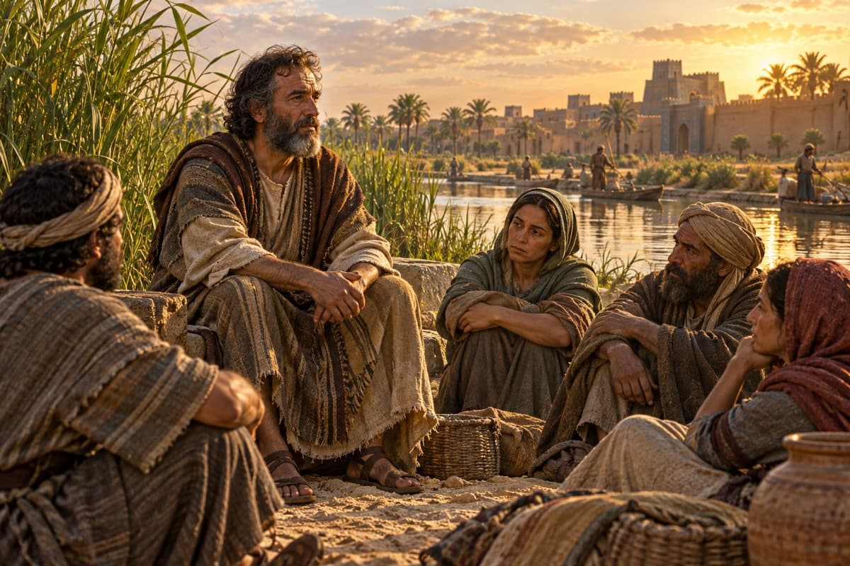 Ezekiel sits among displaced people beside a Babylonian canal.