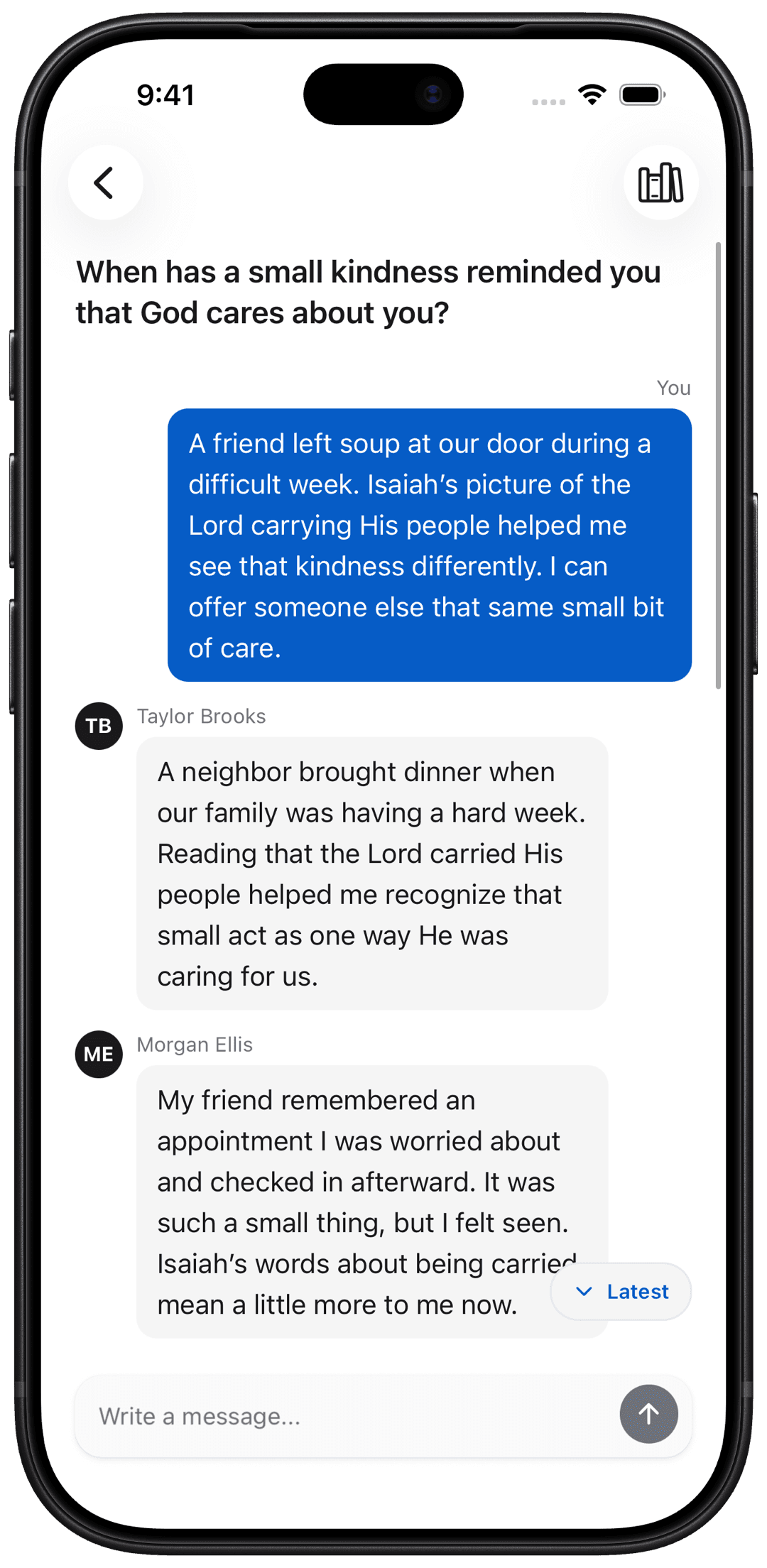Rooted app conversation thread where group members share answers to a Come, Follow Me question