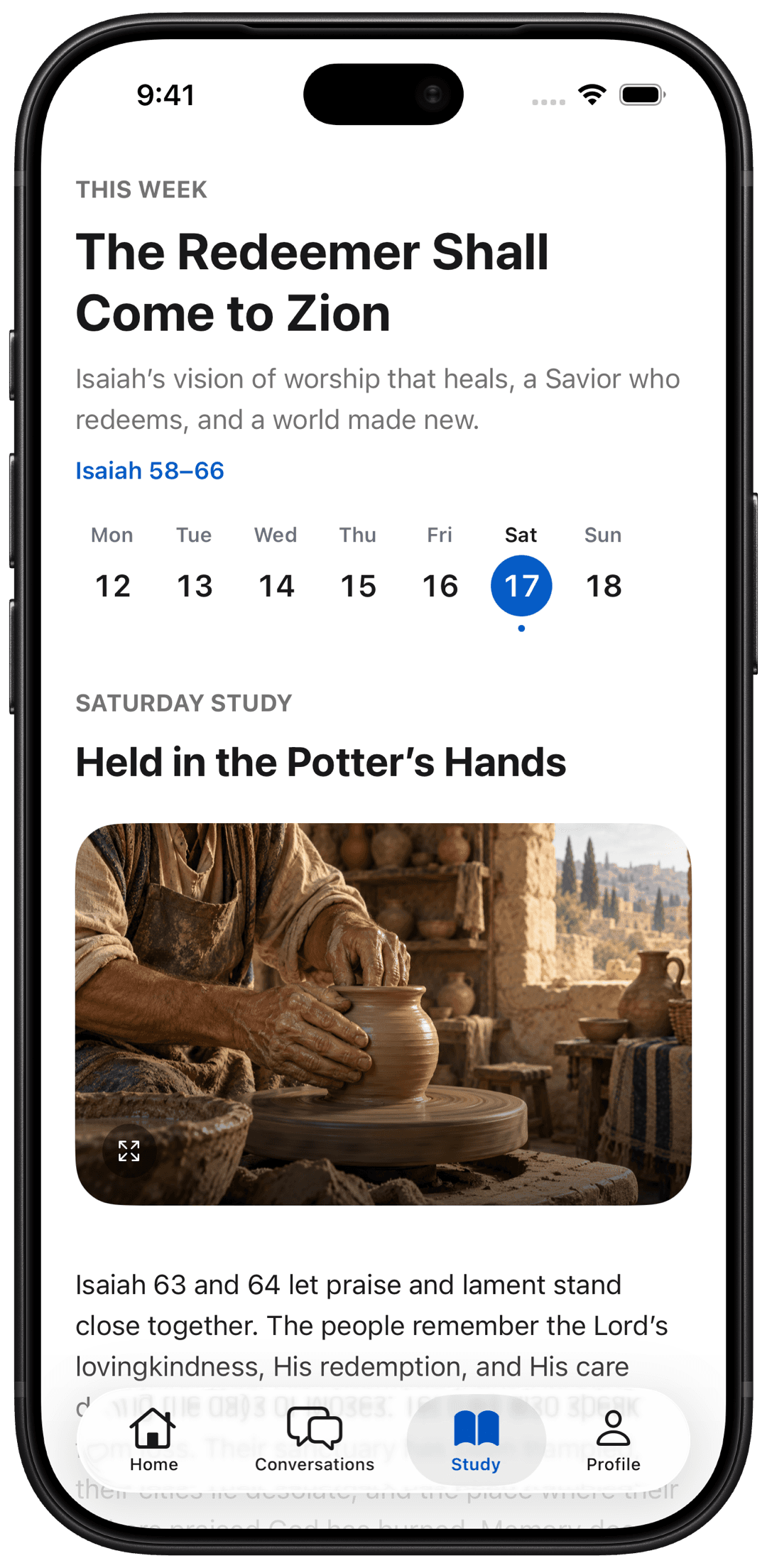 Rooted app Study screen showing this week's Come, Follow Me lesson, The Redeemer Shall Come to Zion, Isaiah 58–66