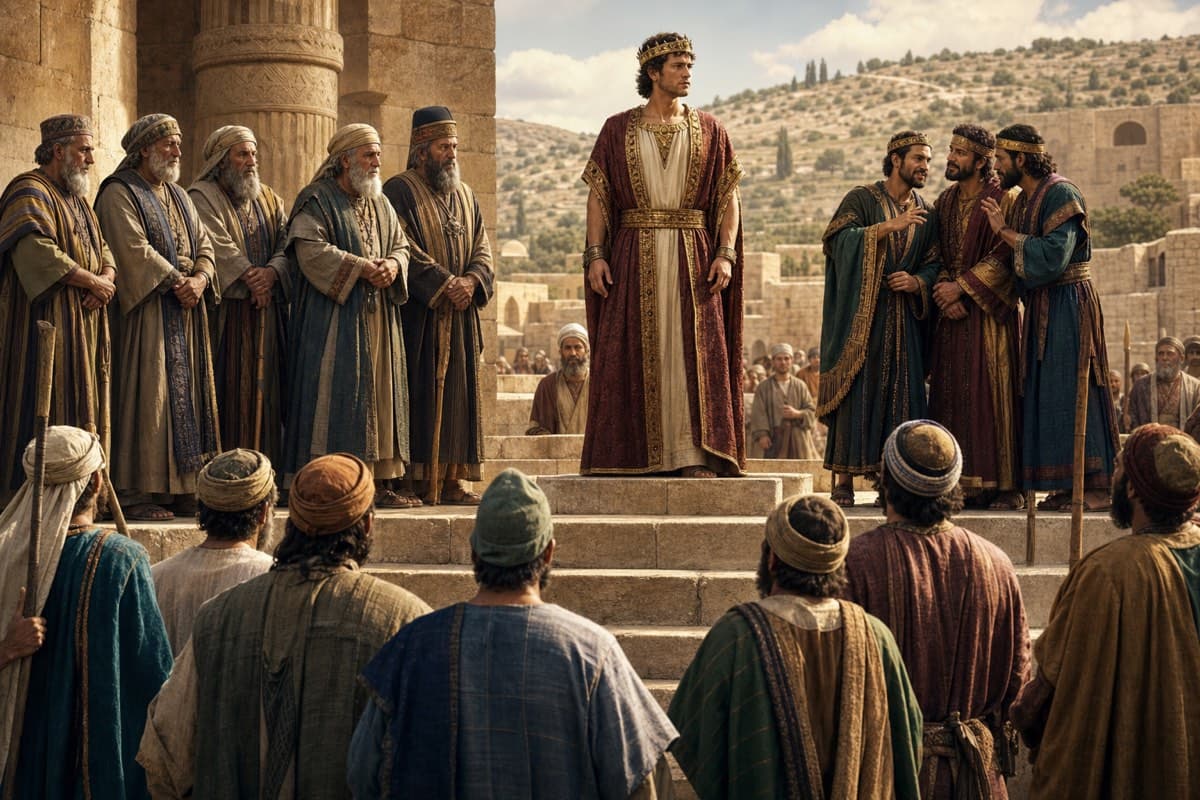 Rehoboam stands before Israel at Shechem while counselors and tribal leaders await his decision.