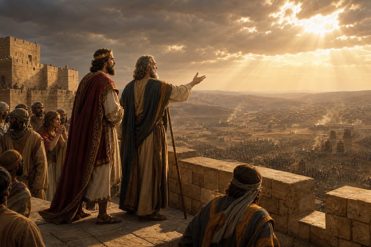 Hezekiah and Isaiah stand with the people of Jerusalem while an Assyrian army waits beyond the city walls.