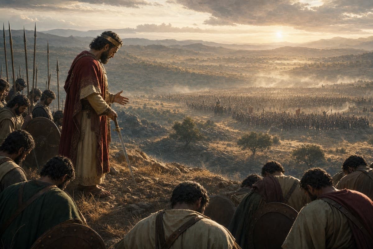 King Asa prays before Judah's army while a much larger force waits across the valley.