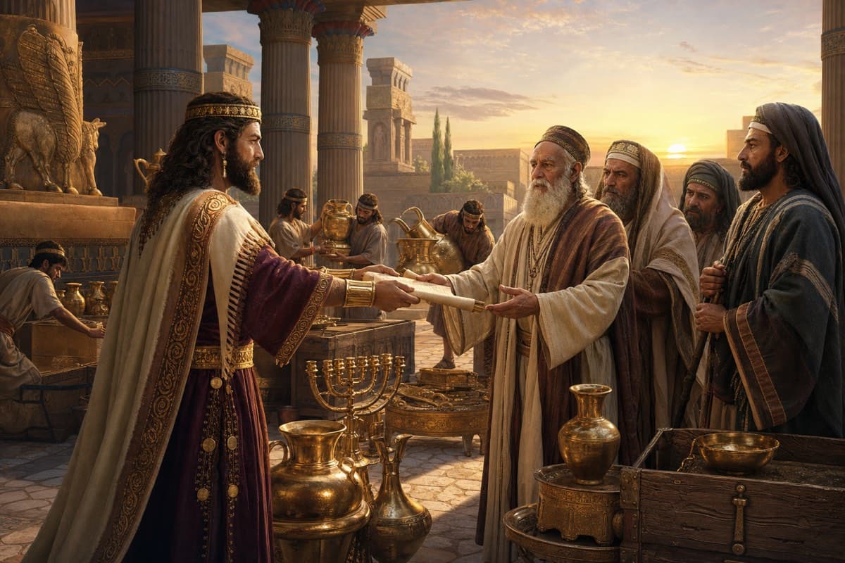 King Cyrus gives a decree to Jewish elders as temple vessels are returned.