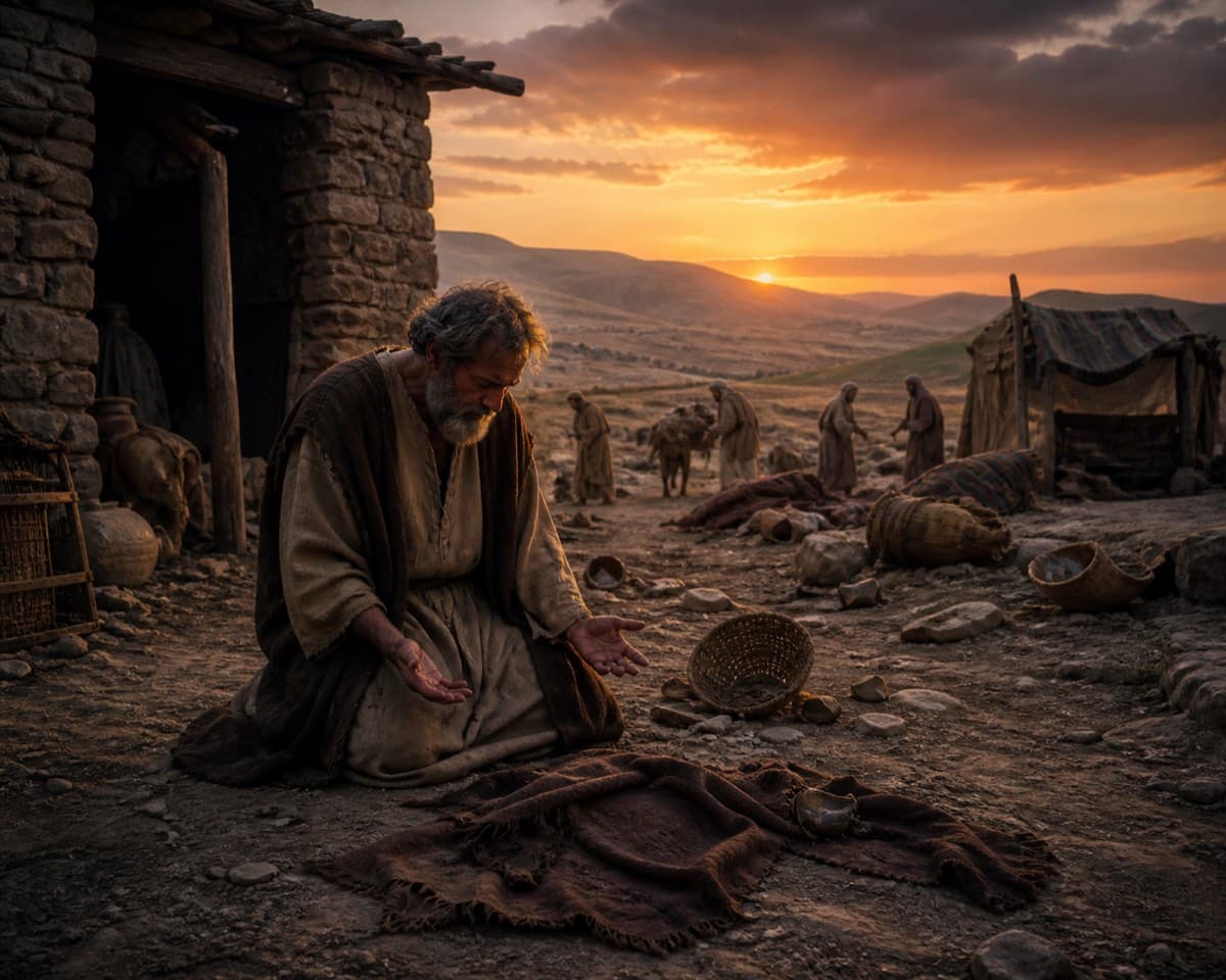 Job kneels in grief and worship outside his damaged household at dusk.