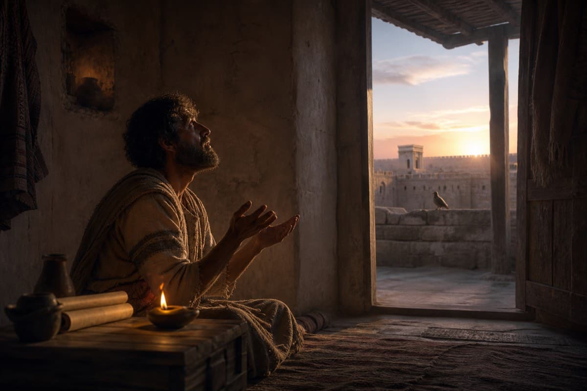 A sleepless ancient psalmist prays in a simple rooftop room as dawn begins to warm distant Jerusalem.
