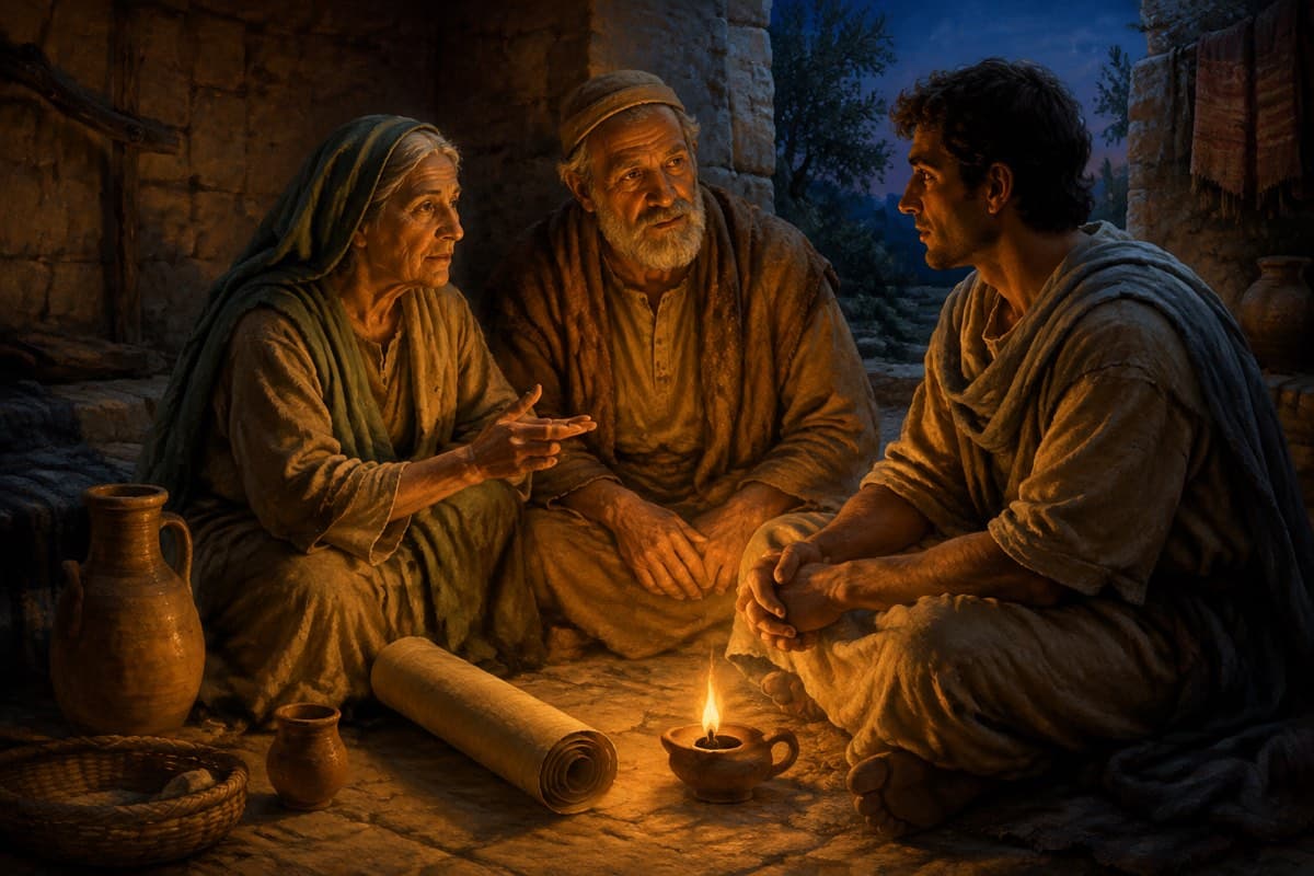A young adult listens to two older Israelites beside an oil lamp in a stone courtyard.
