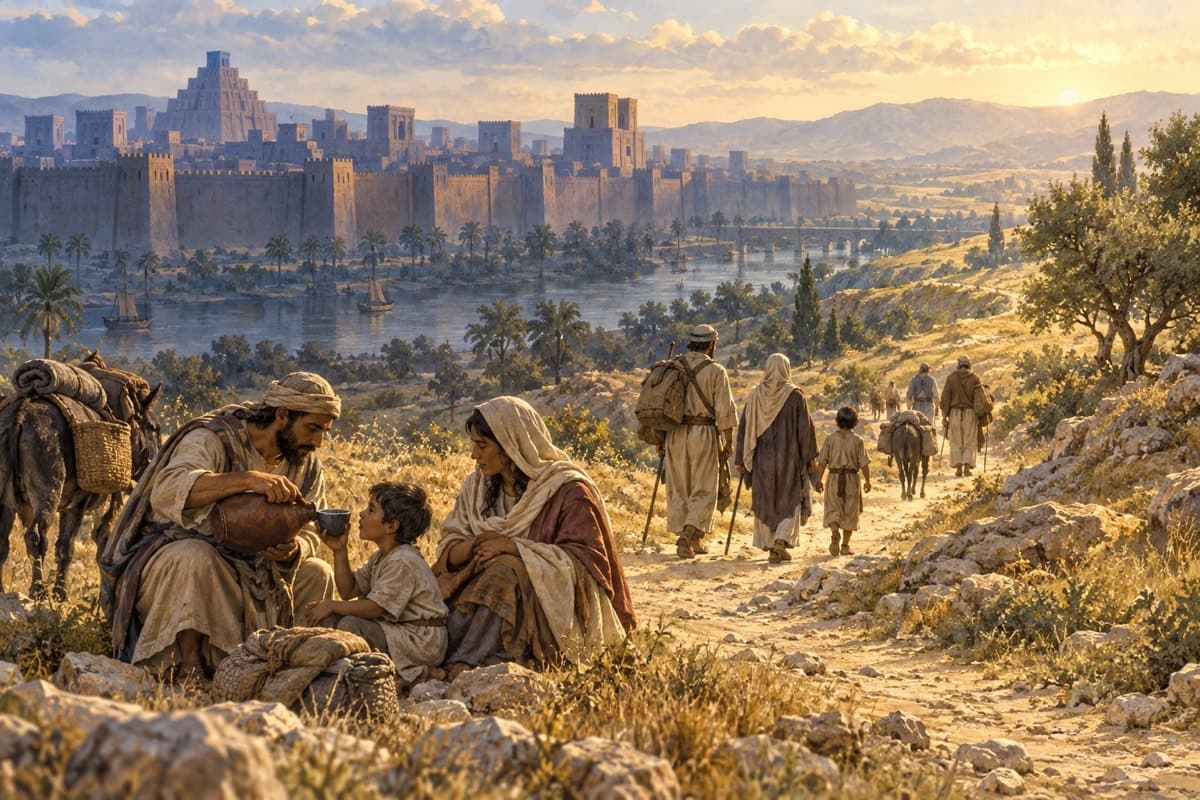 Ancient travelers share water on a sunlit hillside beyond a distant walled city.