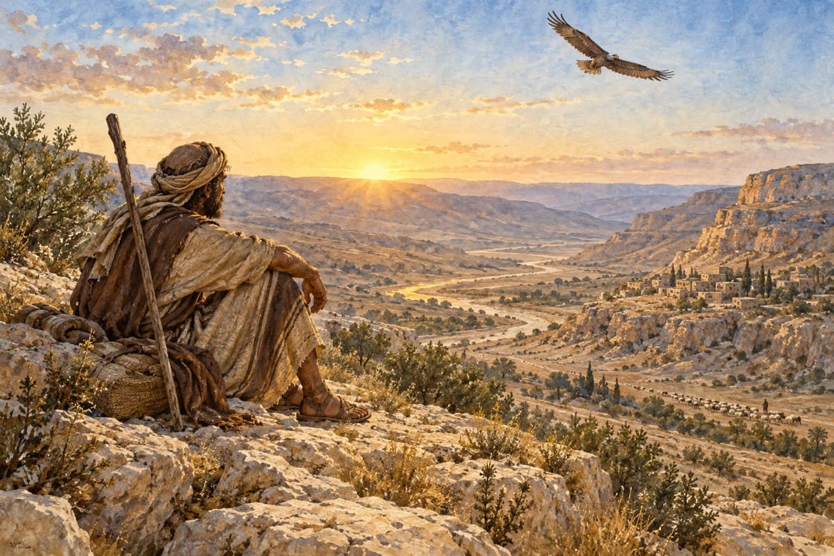 A traveler rests on a ridge at sunrise while an eagle soars above the valley.