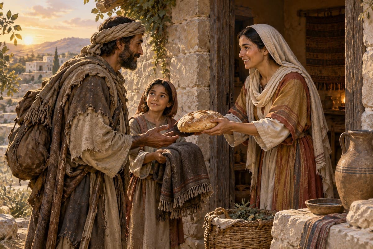 A woman shares bread with a guest at an ancient stone doorway while a child brings a cloak.
