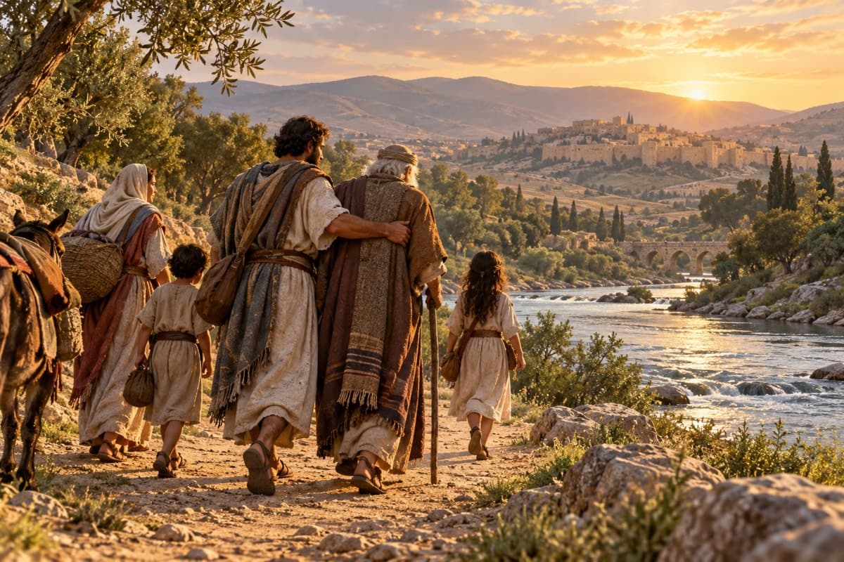 A group of travelers follows a level path beside water in ancient Judah.