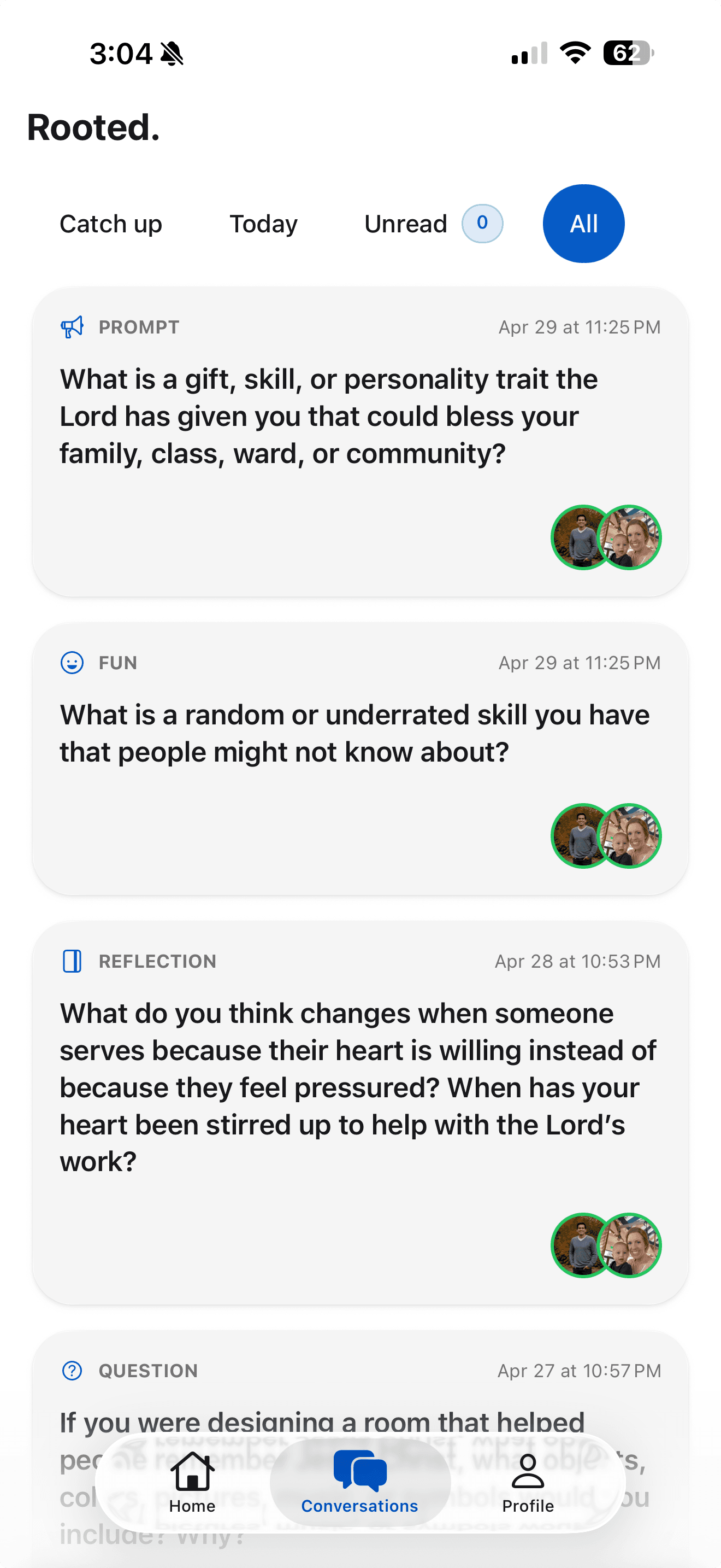 Rooted app — Conversations screen showing reflection and discussion threads