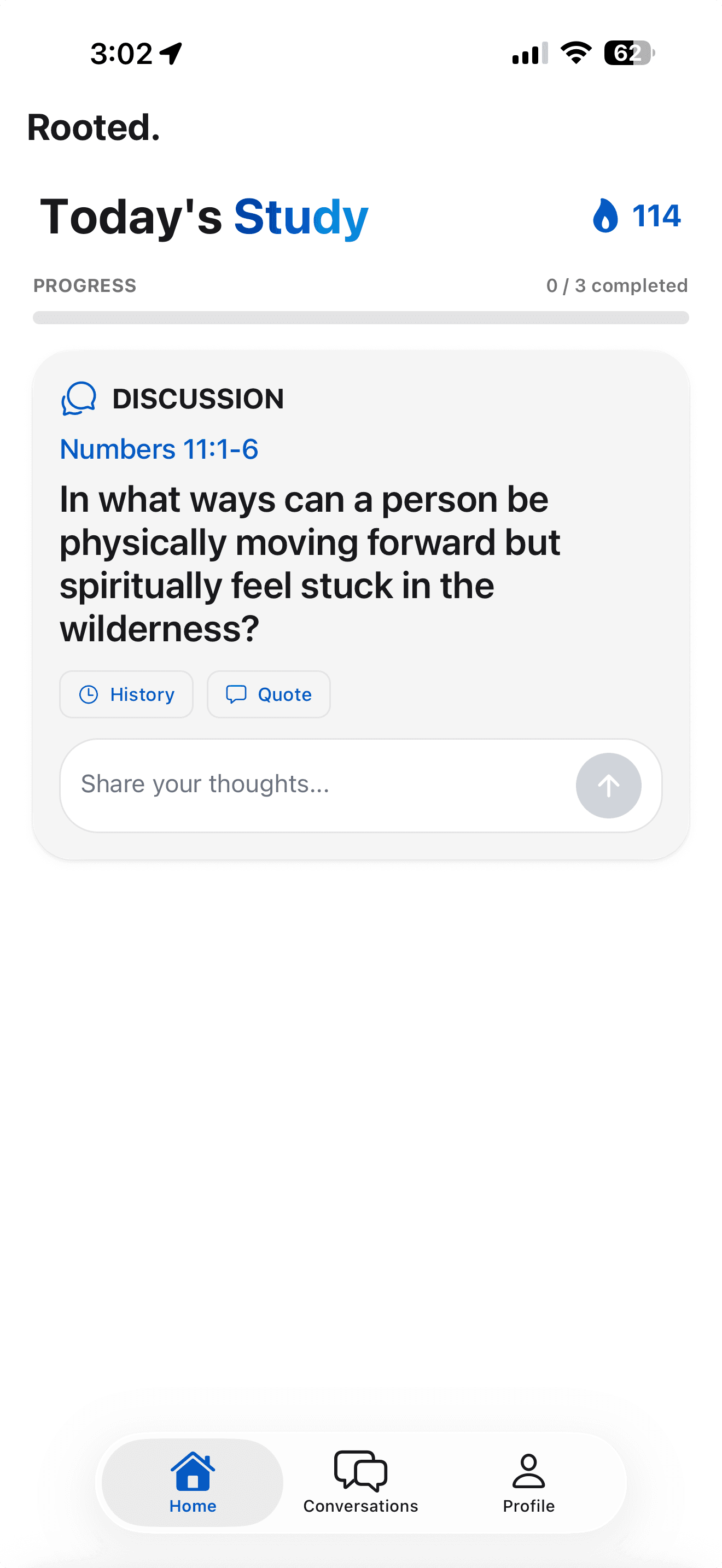 Rooted app — Today's Study screen showing a Numbers 11:4-10 reflection prompt